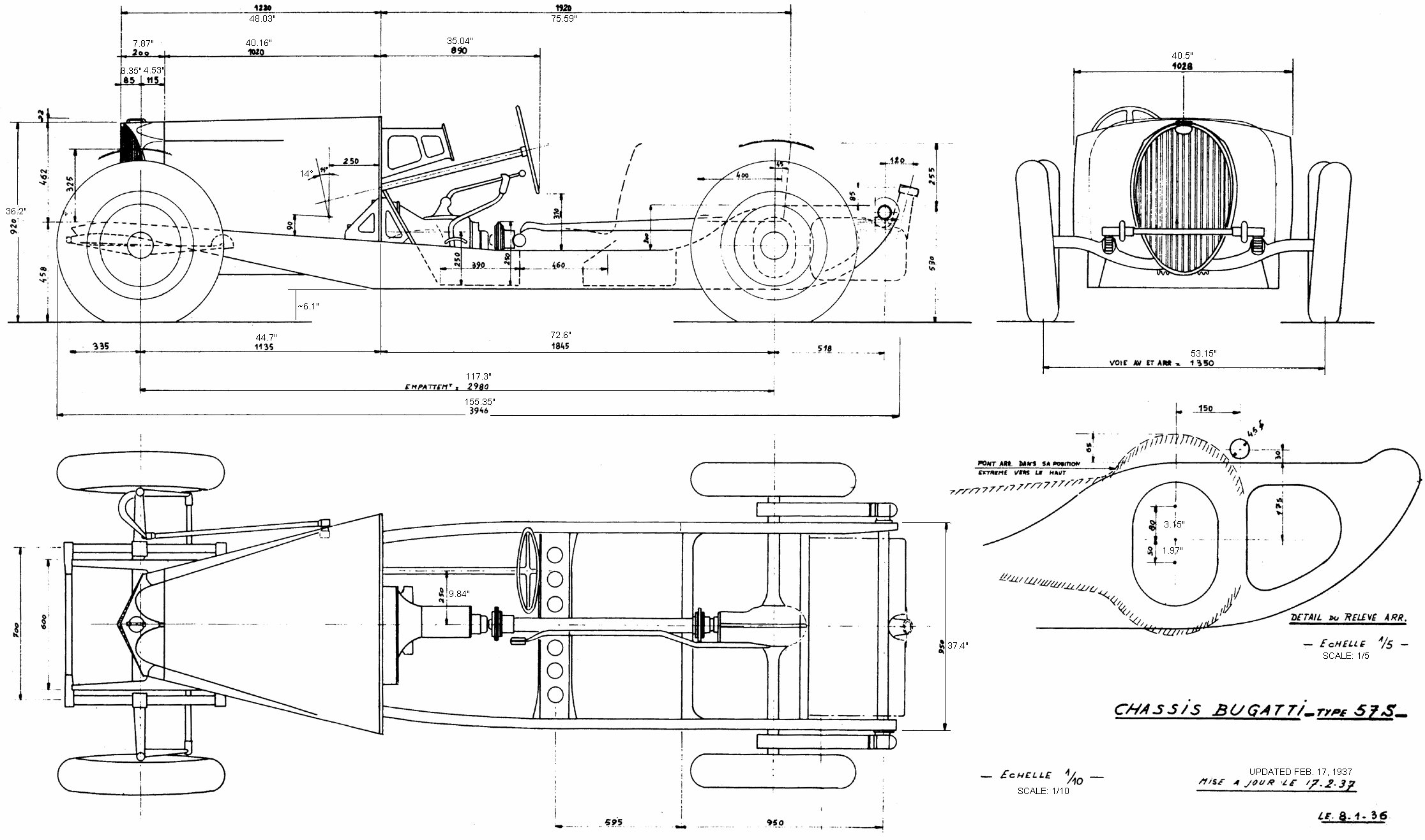 Bugatti Type 57S Chassis Blueprint - 08/01/36 - 1/10 scale